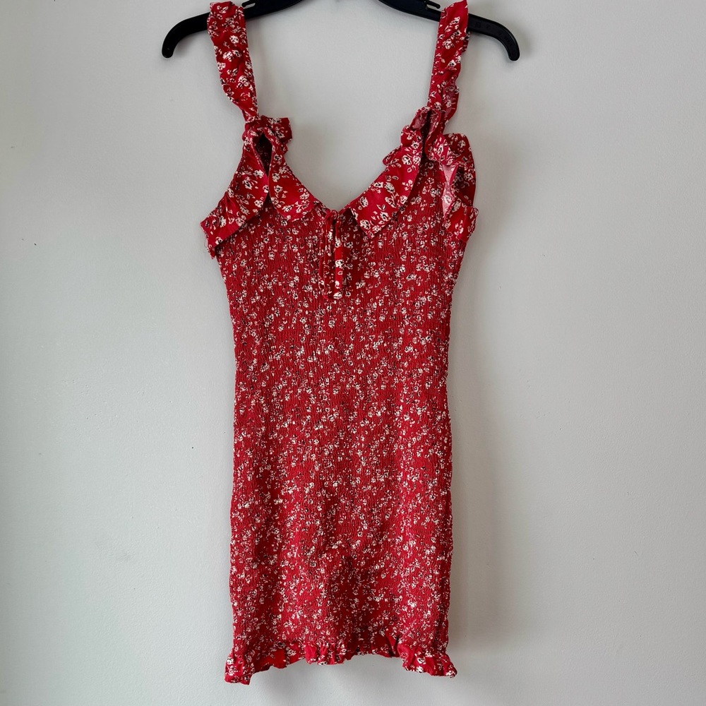 Japna Coquette Girly Smocked Red Floral Tank Mini Dress Ruffle Flirty Tie Front